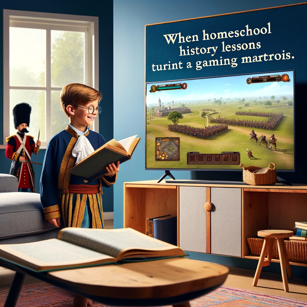 A playful and imaginative scene in a living room where a child is gaming, with the TV screen showing a historical battle game. The parent, in a historical costume, reads from a thick book. The room combines modern gaming with a touch of historical education. Caption at the bottom reads: "When homeschool history lessons unexpectedly turn into a gaming marathon."