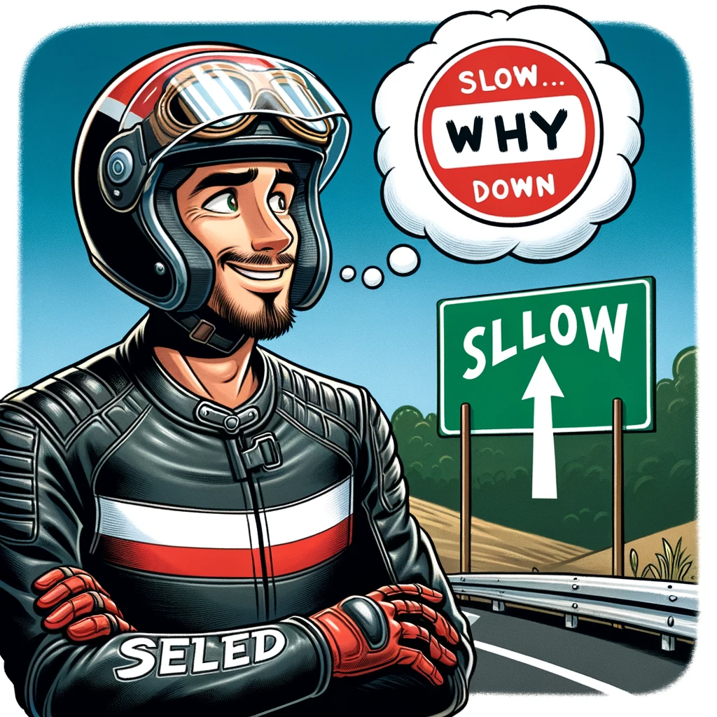 The Speed Enthusiast: A biker in full riding gear, looking at a road sign that says "Slow Down". The biker's expression is one of playful defiance. A thought bubble above the biker's head reads, "But why?" The setting is a curvy road, suggesting speed and excitement.