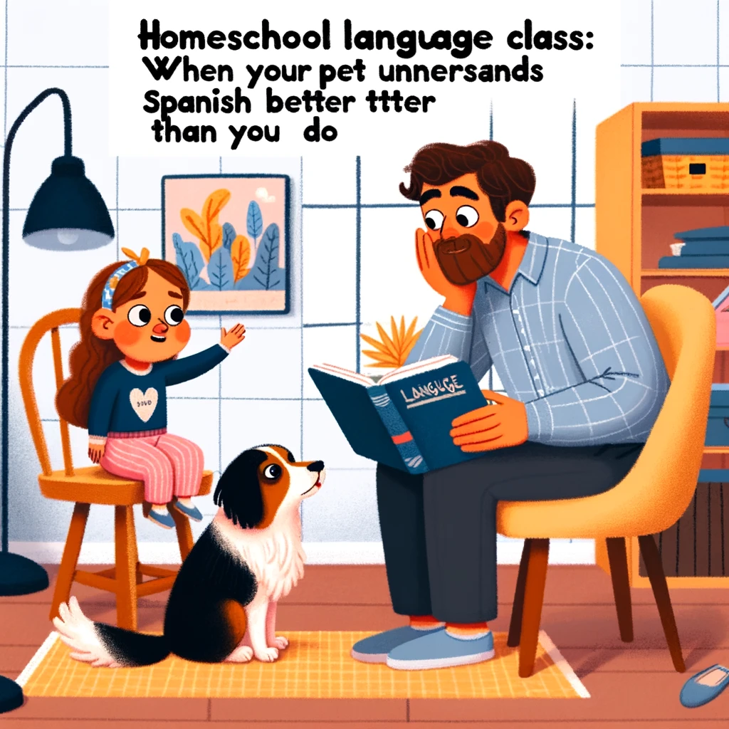 A charming and slightly comical scene of a child speaking to a pet in a foreign language, with the parent holding a language textbook, looking both confused and impressed. The room has a warm and educational vibe. Caption at the bottom reads: "Homeschool language class: When your pet understands Spanish better than you do."