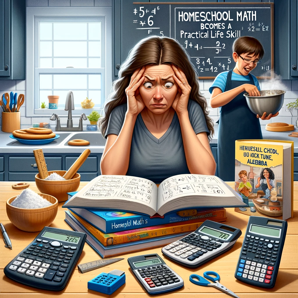 A scene depicting homeschool math challenges, with a parent looking stressed among calculators and math books. In the background, a child uses math in real life, like measuring ingredients for baking. The setting conveys a blend of humor and real-life practicality. Caption at the bottom reads: "When homeschool math becomes a practical life skill, but you're still stuck on algebra."