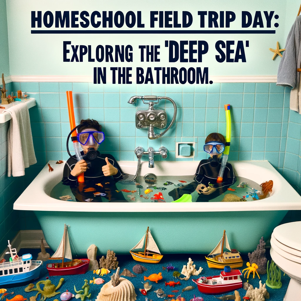 A humorous image of a parent and child in scuba gear, sitting in a bathtub filled with toy boats and sea creatures. The scene is playful and over the top, suggesting an imaginative 'deep sea' exploration at home. The caption reads: "Homeschool field trip day: Exploring the 'deep sea' in the bathroom." The image should capture the fun and whimsy of a homemade adventure, with a bathtub setting that is transformed into a make-believe ocean.