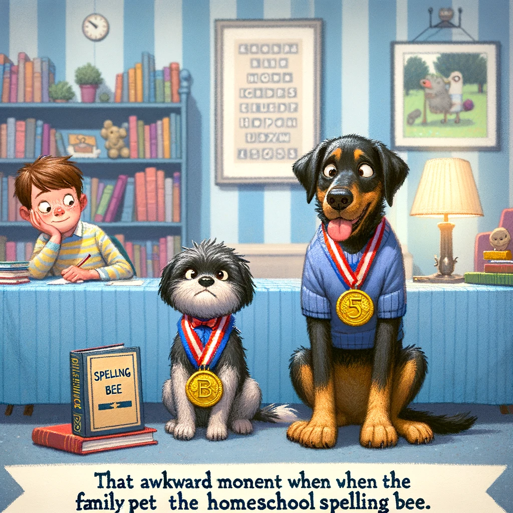 A pet dressed up with a medal, sitting next to a spelling book, while a child looks on enviously. The scene depicts a humorous and quirky atmosphere, where the pet appears proud and accomplished, and the child looks slightly jealous but also amused. The pet could be a dog or a cat, wearing a small medal around its neck, sitting upright next to a spelling bee book on a table. The child, standing beside the pet, has an expression of mock envy. The room should look like a cozy, home-school environment. Caption at the bottom reads: "That awkward moment when the family pet wins the homeschool spelling bee."