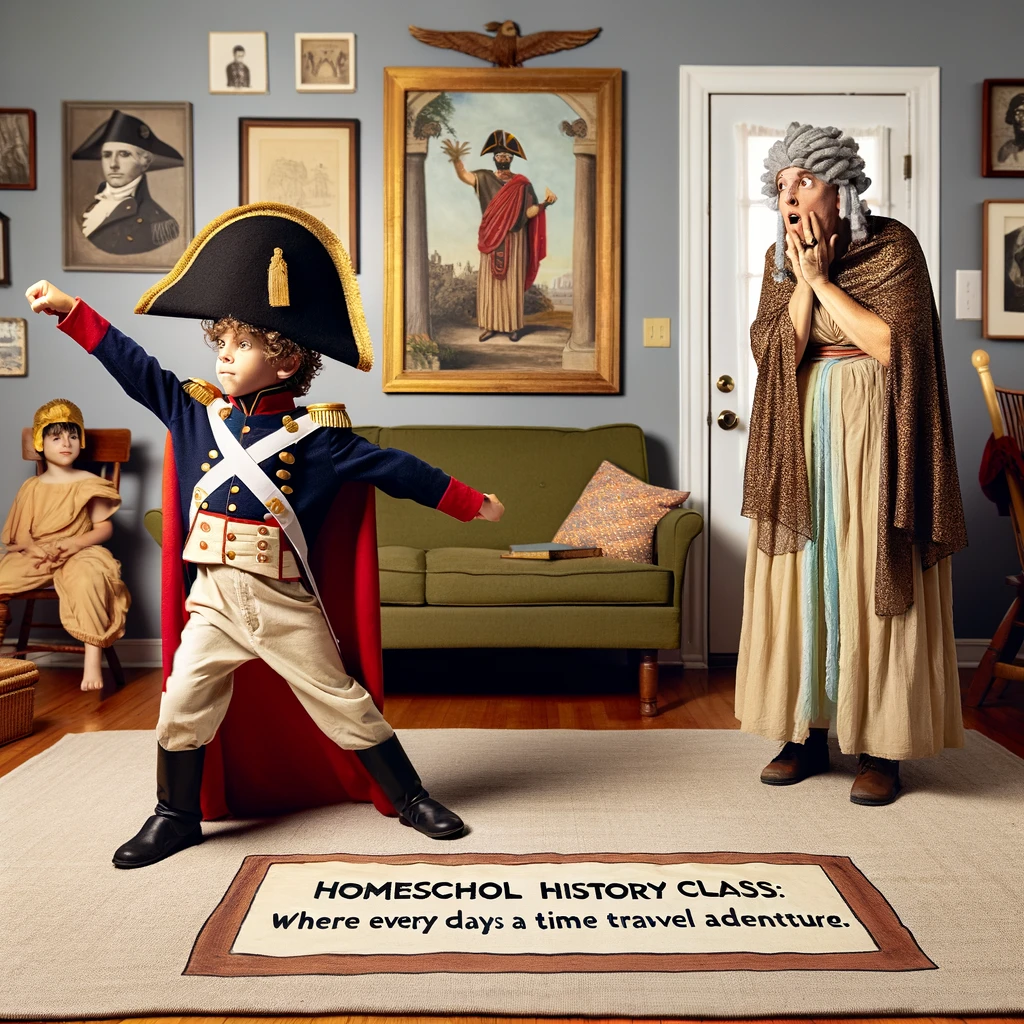 A child dressed as a famous historical figure, dramatically reenacting a scene, while a parent, dressed as another historical figure, looks on in bewilderment. The child could be dressed as Napoleon, with a classic hat and uniform, striking a dramatic pose. The parent, dressed as Cleopatra or Julius Caesar, stands nearby with a comical expression of confusion. The setting is a home living room, transformed with simple props to resemble a historical setting. Caption at the bottom reads: "Homeschool history class: Where every day is a time travel adventure."