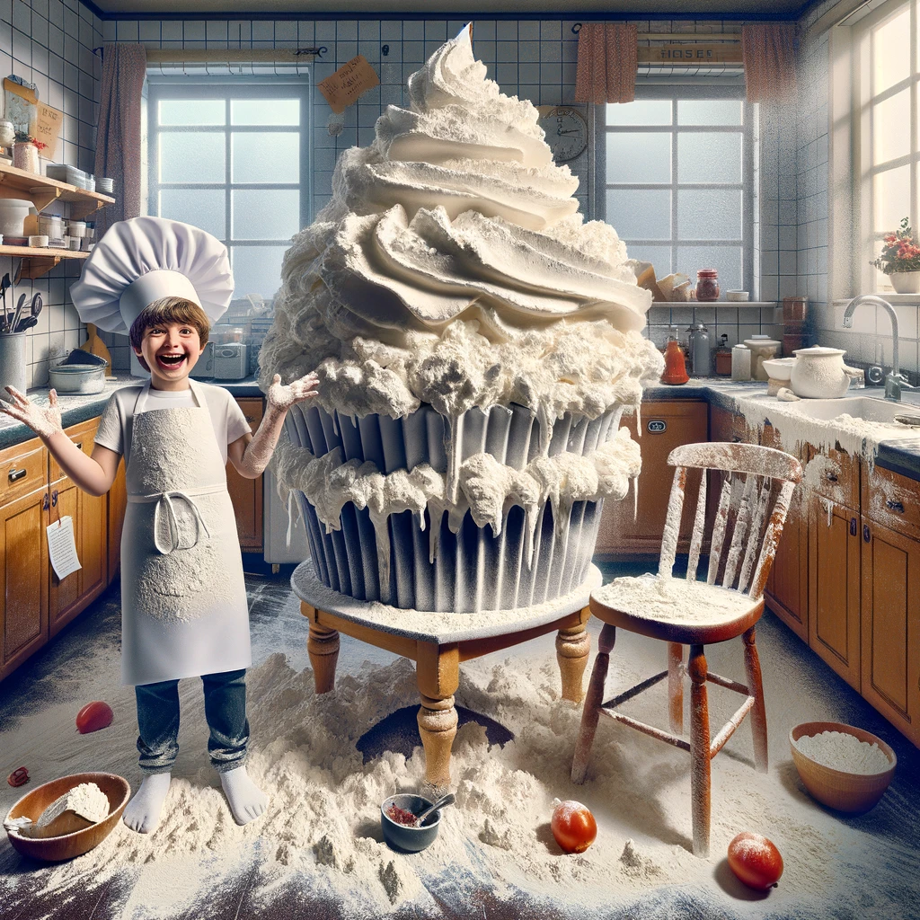 A kitchen in disarray with flour everywhere, and a child proudly presenting a bizarre, over-the-top dish. The child is wearing a chef's hat and apron, standing in a messy kitchen with flour scattered on the counter and floor. The dish they are presenting is extravagant and unconventional, like a giant cupcake with an absurd amount of frosting. The scene is humorous and chaotic, capturing the fun and mess of cooking at home. Caption at the bottom reads: "MasterChef Junior: Homeschool Edition."