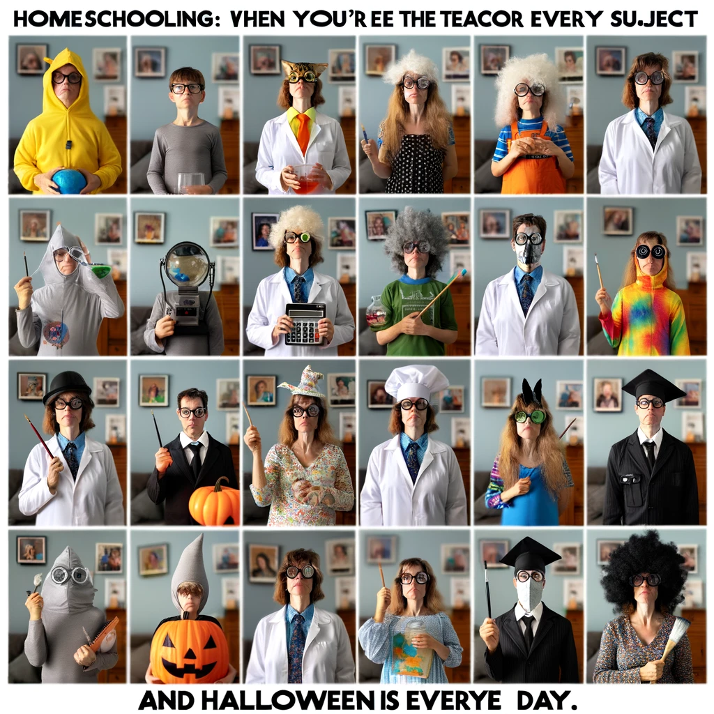 A montage of a parent in various silly costumes, depicting different subjects like a scientist, a mathematician, an artist, etc. The image should show the same parent in multiple small frames, each dressed in a unique and humorous costume representing a different school subject. For example, as a scientist with lab goggles and a beaker, as a mathematician with a calculator and glasses, and as an artist with a paintbrush and beret. The overall mood is playful and humorous, showcasing the diverse roles of a homeschooling parent. Caption at the bottom reads: "Homeschooling: When you're the teacher for every subject and Halloween is every day."