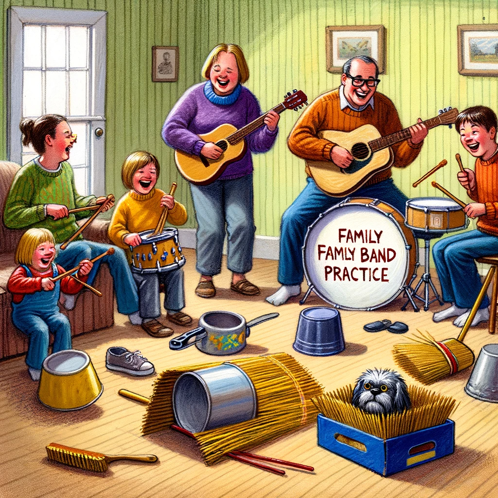 A family band with makeshift instruments, looking like they're having a blast but making a racket. The scene shows a living room turned into an impromptu music studio, with family members playing homemade instruments like pots and pans, a broom guitar, and a box drum. They are all smiling and enjoying themselves, but the scene is humorously chaotic. The family pet, perhaps a dog or cat, is humorously hiding under a cushion, with only its eyes visible, looking overwhelmed by the noise. Caption at the bottom reads: "Family band practice: The neighbors love our homeschool music class."