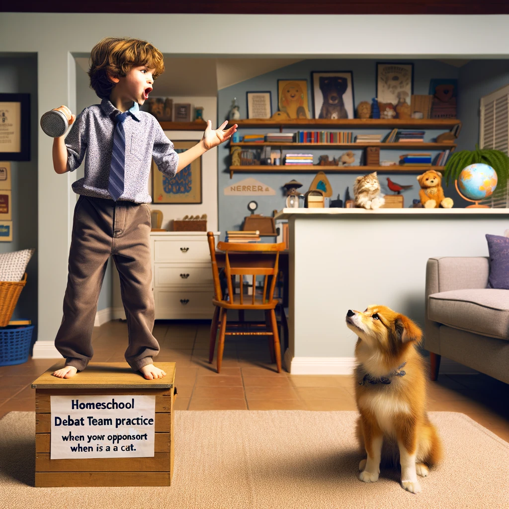 A child standing on a soapbox, passionately debating with a confused-looking pet. The child is in a living room, standing confidently on a small box, gesturing as if in a heated debate. The pet, either a dog or cat, sits opposite the child, looking perplexed and amusingly nonplussed. The room should have a cozy homeschool vibe, with books and educational materials in the background. The scene is humorous and playful, capturing the imaginative world of homeschooling. Caption at the bottom reads: "Homeschool debate team practice gets intense when your opponent is a cat."