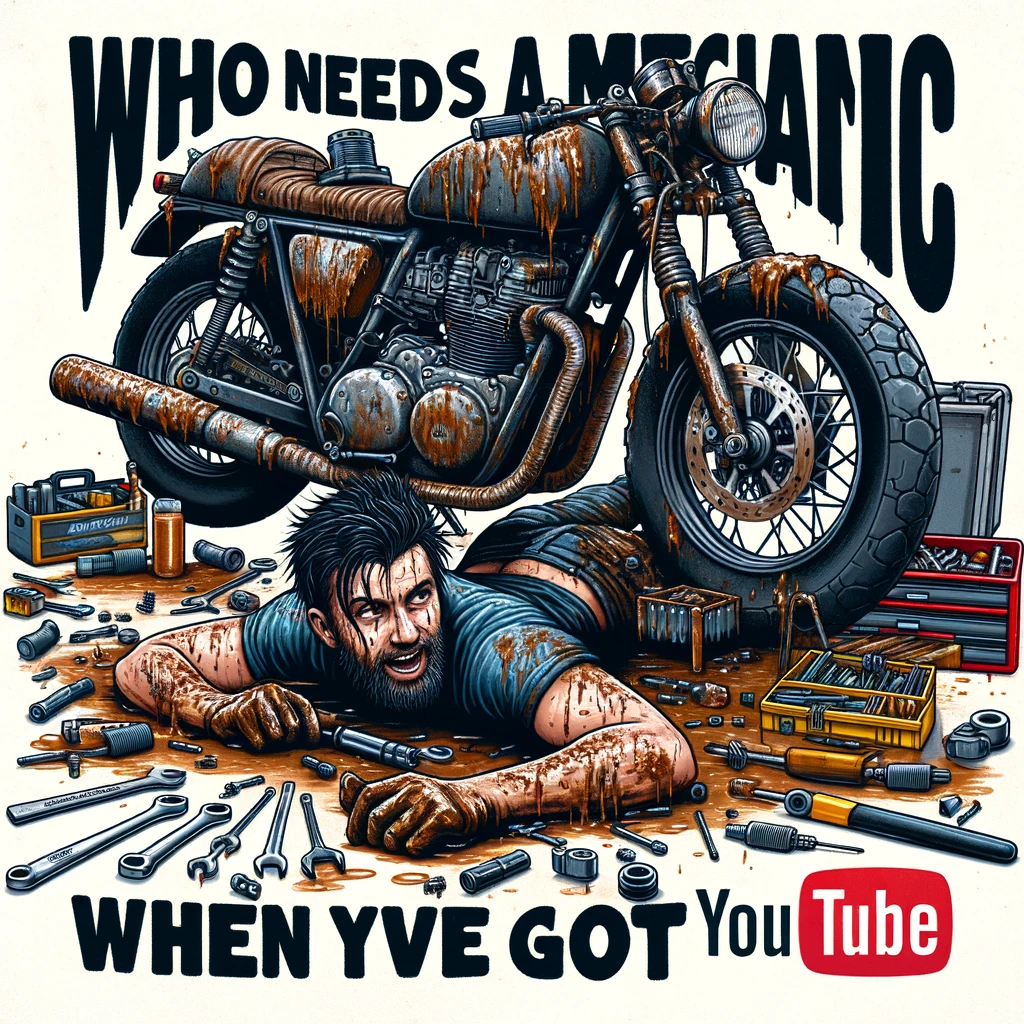 The DIY Mechanic: A biker under a motorcycle, covered in grease, with various tools and parts scattered around. The scene suggests a garage setting. The biker looks focused and determined, working on the bike. A caption at the bottom reads, "Who needs a mechanic when you've got YouTube?"