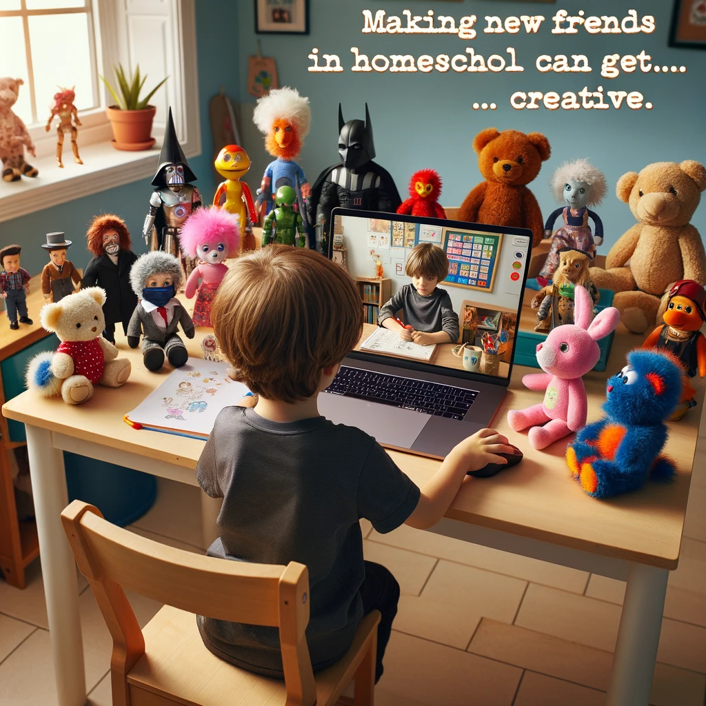 A child attending an online class, with toys arranged to look like they're also watching the screen. The child is sitting at a desk, focused on a laptop screen. Around the laptop, various toys are set up in a humorous and cute way, as if they are classmates. There could be stuffed animals, action figures, and dolls, all positioned to face the screen. The room is a typical home study area, indicating a homeschooling environment. The image is playful and imaginative, showing the creativity of homeschooling. Caption at the bottom reads: "Making new friends in homeschool can get... creative."