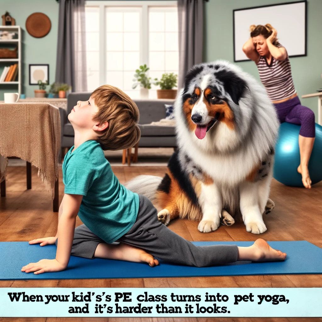 A child doing yoga poses with a pet, while the parent struggles to keep up, looking exhausted. The child is in a yoga pose, showing flexibility and focus, while the pet, perhaps a dog or cat, is humorously imitating the pose next to them. The parent is in the background, trying to replicate the pose but looking tired and out of breath. The setting is a living room with a yoga mat on the floor, indicating a homeschool physical education setting. The image is playful and endearing, showing the fun and challenges of homeschooling. Caption at the bottom reads: "When your kid's PE class turns into pet yoga, and it's harder than it looks."