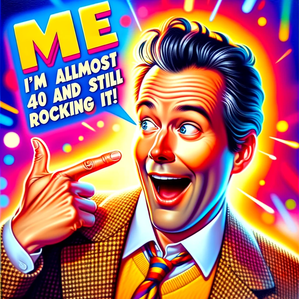 A humorous image of a person looking surprised and pointing at themselves with an expression of disbelief and joy. The person is stylish and looks youthful, embodying the spirit of someone who is almost 40 but feels young at heart. The background is vibrant and lively, reflecting a fun and energetic atmosphere. The caption reads, "Me, realizing I'm almost 40 and still rocking it!" The image should capture the essence of surprise, self-confidence, and the humor in aging gracefully.
