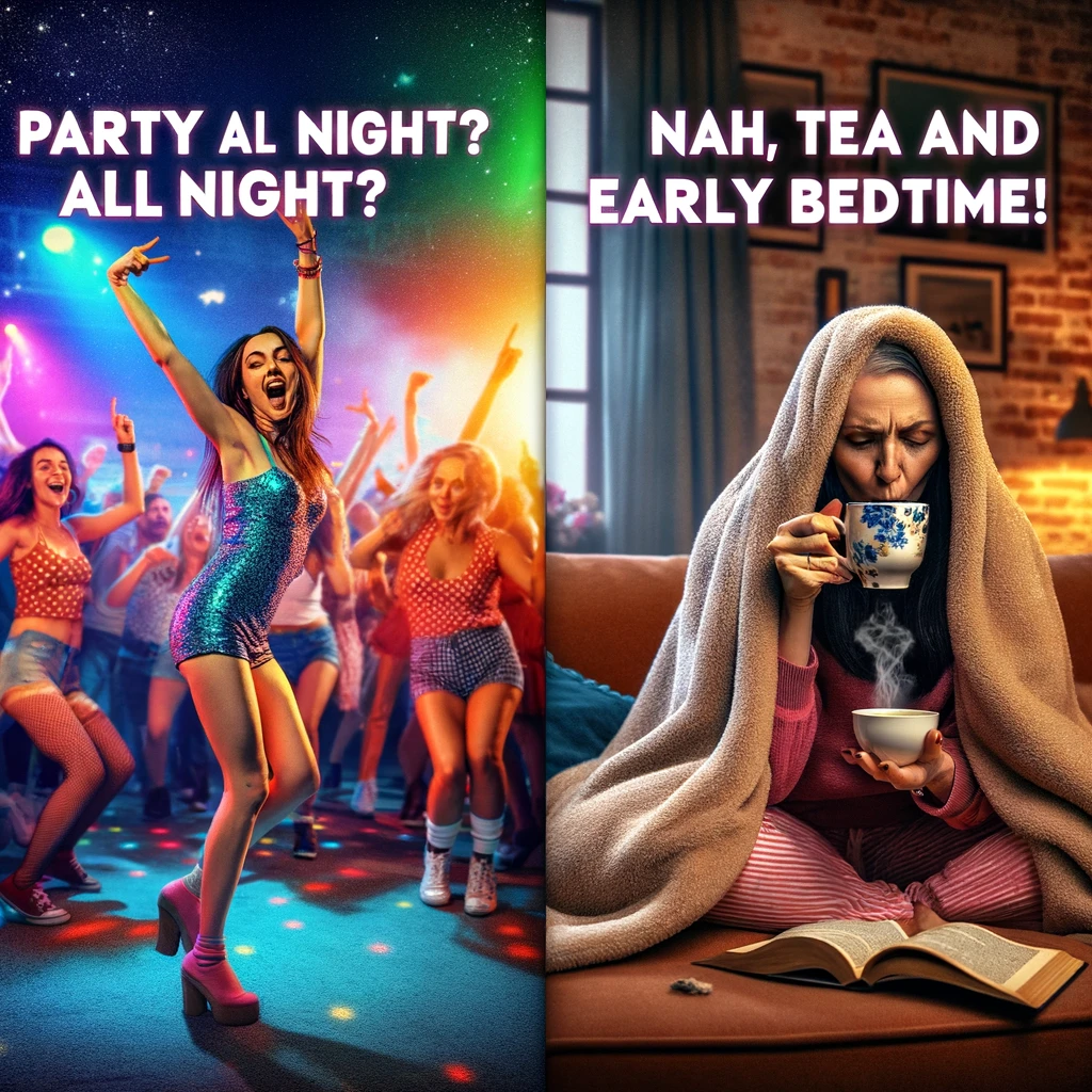 A split-screen meme. On the left, an energetic person in their 30s is dancing at a party, full of energy and excitement, surrounded by colorful lights and music. On the right, the same person, almost 40, is comfortably wrapped in a blanket, sipping tea in a cozy, dimly lit room, exuding a sense of contentment and relaxation. The contrast between the two scenes highlights the shift in preferences with age. The caption reads, "Party all night? Nah, tea and early bedtime!" The image should depict the youthful vigor versus the mature coziness of the two age stages.