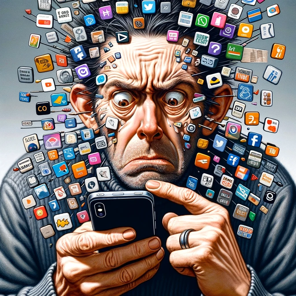 An image depicting someone almost 40 looking puzzled and overwhelmed while trying to use a smartphone. The person's expression is one of confusion and slight frustration, as they attempt to navigate through a jumble of app icons on the phone screen, which include social media, news, and various other modern apps. The background is minimal to focus on the person's reaction and the complexity of the smartphone. The caption reads, "When you're almost 40 and technology starts feeling like rocket science." The image should evoke a humorous sense of being out-of-touch with rapidly changing technology.
