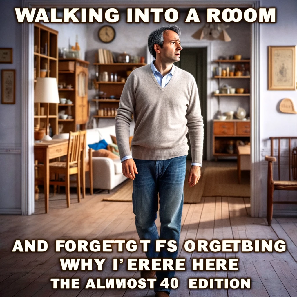An image of a person almost 40 walking into a room, looking around with a puzzled and forgetful expression. The person seems to be in mid-thought, trying to remember why they entered the room. The setting is a common household room like a kitchen or living room, filled with everyday objects, but the person's focus is entirely on their moment of forgetfulness. The caption reads, "Walking into a room and forgetting why I'm here – the almost 40 edition." This image should humorously capture the common experience of forgetfulness as one approaches 40.