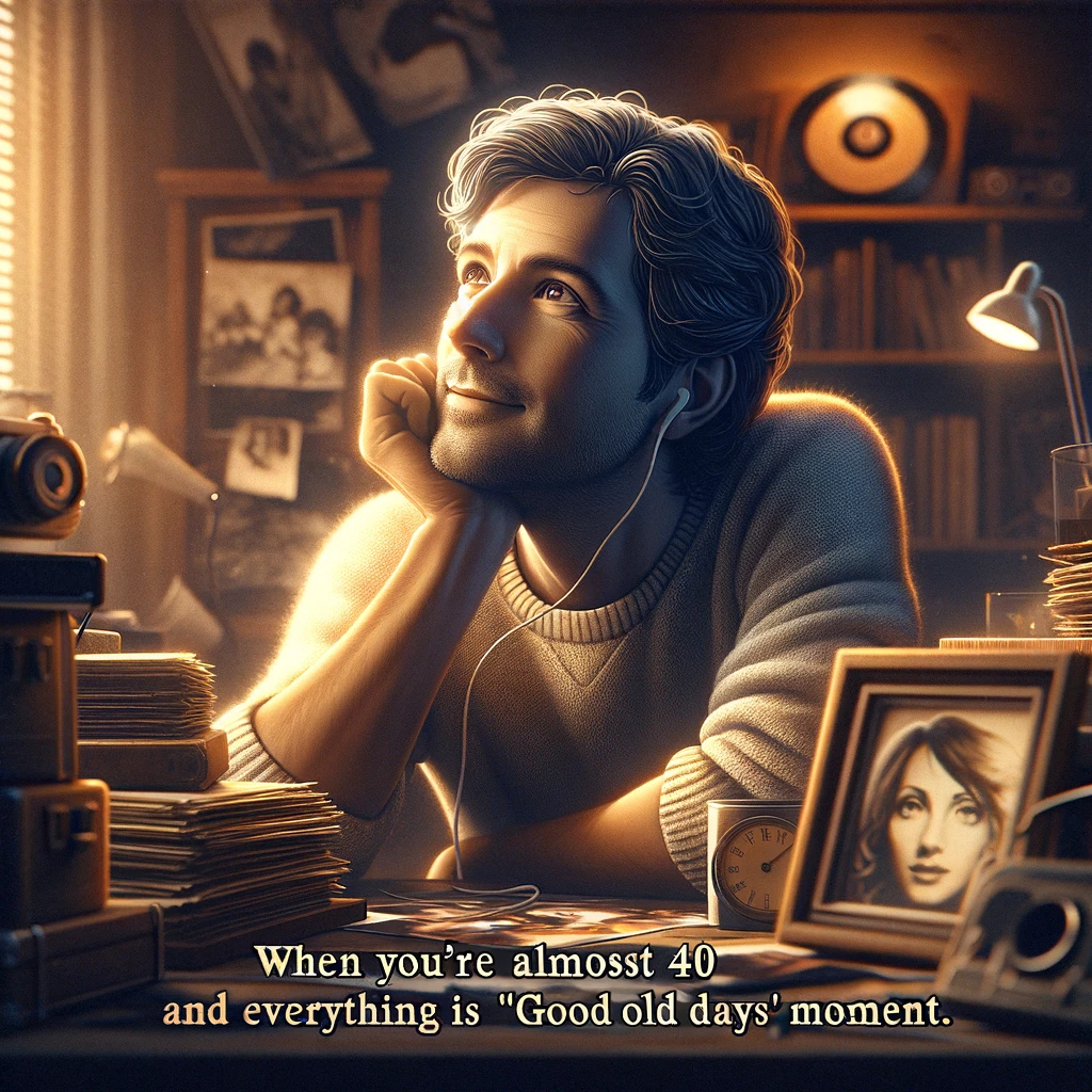 An image of someone almost 40, lost in nostalgia, looking at old photos or listening to old music. The person's expression is dreamy and reflective, evoking a sense of longing and fond memories. The setting could be a cozy room filled with memorabilia like vinyl records, old photographs, or nostalgic items from their youth. The background should complement the theme of reminiscence, with a warm, inviting atmosphere. The caption reads, "When you're almost 40 and everything is a 'good old days' moment." This image should capture the warmth and sentimentality of looking back on one's life as they approach 40.