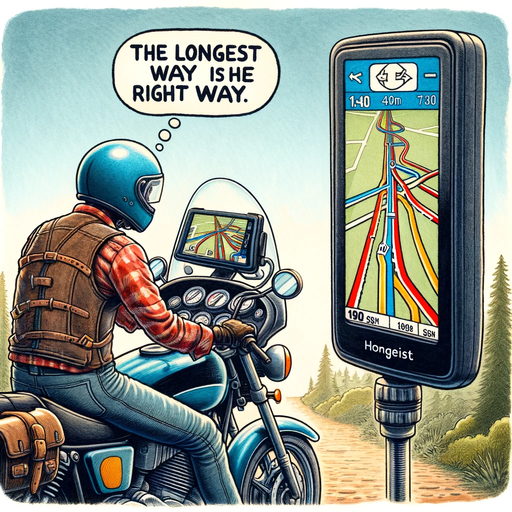 The Route Optimist: A biker staring at a GPS mounted on the motorcycle, displaying multiple routes. The biker appears to be contemplating the choices, with a sense of adventure. The surrounding environment suggests a crossroads or a scenic stopping point. A thought bubble says, "The longest way is the right way."