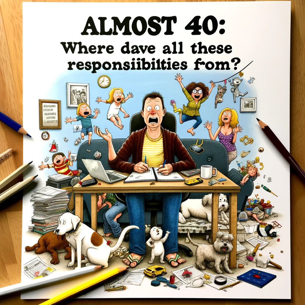 A humorous image of an almost 40-year-old surrounded by various responsibilities like kids, pets, or work-related tasks, looking slightly overwhelmed yet happy. The person is in the center of a chaotic yet joyful scene, perhaps in a home or office environment, with multiple activities happening around them. The image should depict a mix of family life and professional responsibilities, highlighting the busy but fulfilling life of someone nearing 40. The caption reads, "Almost 40: Where did all these responsibilities come from?" This image should portray the amusing and rewarding aspects of managing life's responsibilities as one approaches 40.