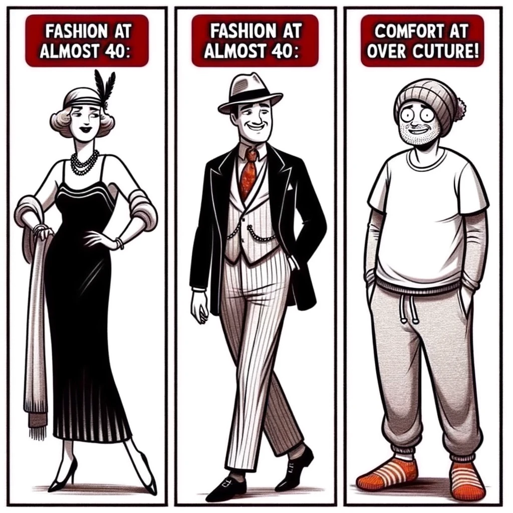 A humorous comparison meme showing fashion choices in three panels. The first panel depicts a stylish person in 1920s attire, the second shows a person in 1930s fashion, and the third panel features a nearly 40-year-old person in comfortable, casual clothes, like sweatpants and a loose t-shirt, with a relieved and content expression. Caption at the bottom reads: 'Fashion at almost 40: Comfort over couture!'