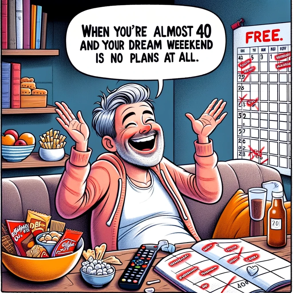 An image showing a person almost 40, excitedly planning a weekend of doing absolutely nothing. The person is depicted in a cozy home setting, wearing comfortable clothes, with a big smile, surrounded by snacks and a TV remote. A calendar or planner is in the background with the days marked as 'free'. Caption at the bottom reads: 'When you're almost 40 and your dream weekend is no plans at all.'