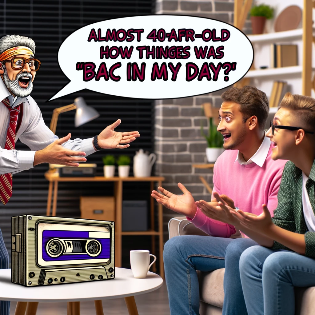 A comical image of an almost 40-year-old explaining to younger people how things were 'back in my day', with exaggerated and humorous nostalgia. The older person is animatedly gesturing and has a nostalgic expression, while the younger listeners look bewildered or amused. The setting is a modern living room or coffee shop. Include visual elements that hint at past technologies or trends, like a cassette tape or an old video game console.