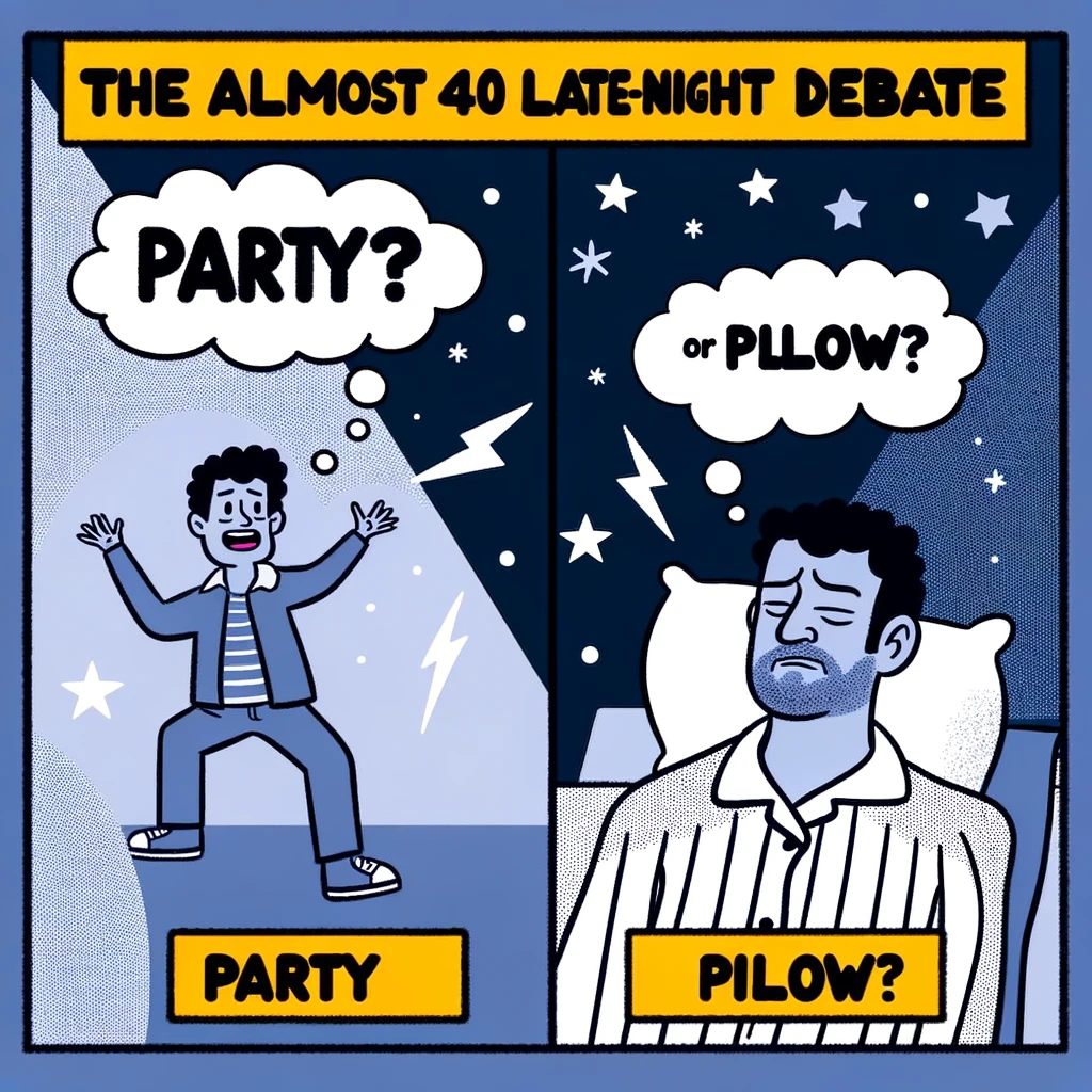A meme showing an internal debate of someone almost 40 about whether to stay up late. The left side shows a younger version of the person, full of energy and ready to party, while the right side shows the nearly 40-year-old version, in pajamas and looking sleepy, contemplating sleep. The two sides are contrasted with thought bubbles, the left thinking about a lively party, the right about a comfortable bed. Caption at the bottom reads: 'The almost 40 late-night debate: Party or pillow?'