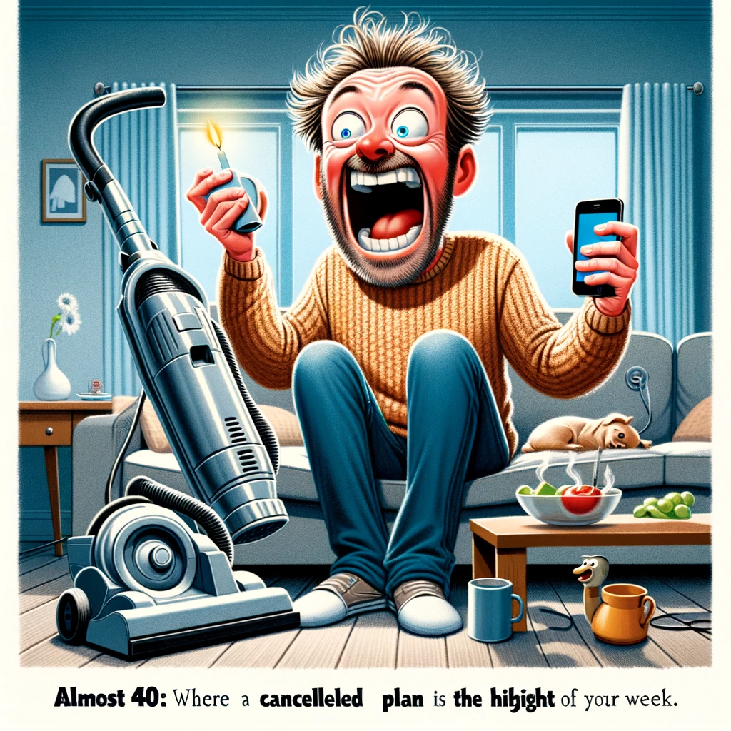 A humorous image showing an almost 40-year-old getting ridiculously excited about mundane things like a new vacuum cleaner or a cancelled plan. The person is depicted with an overly enthusiastic expression, holding a vacuum cleaner or a phone showing a cancelled event notification. The setting is a typical living room or kitchen. The image captures the person's joy in finding pleasure in simple things. Caption at the bottom reads: 'Almost 40: Where a cancelled plan is the highlight of your week.'