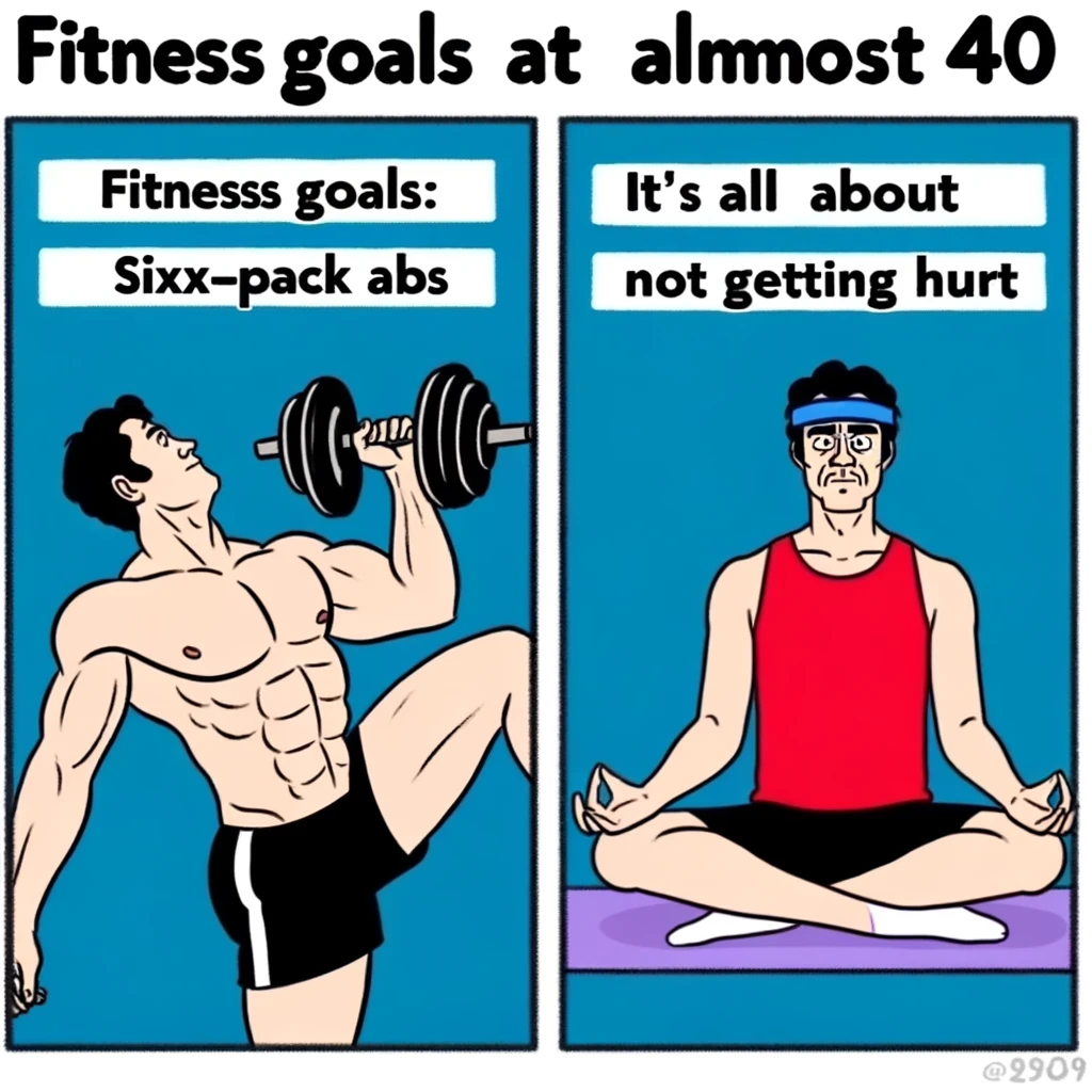 A meme depicting the shift in fitness goals, where at almost 40, the goal is less about six-pack abs and more about not injuring oneself during a workout. The image shows a split view: on the left, a younger version of the person ambitiously lifting heavy weights or doing intense exercise, and on the right, the nearly 40-year-old version doing a light exercise like yoga or stretching, with a cautious expression. Caption: 'Fitness goals at almost 40: It's all about not getting hurt.'