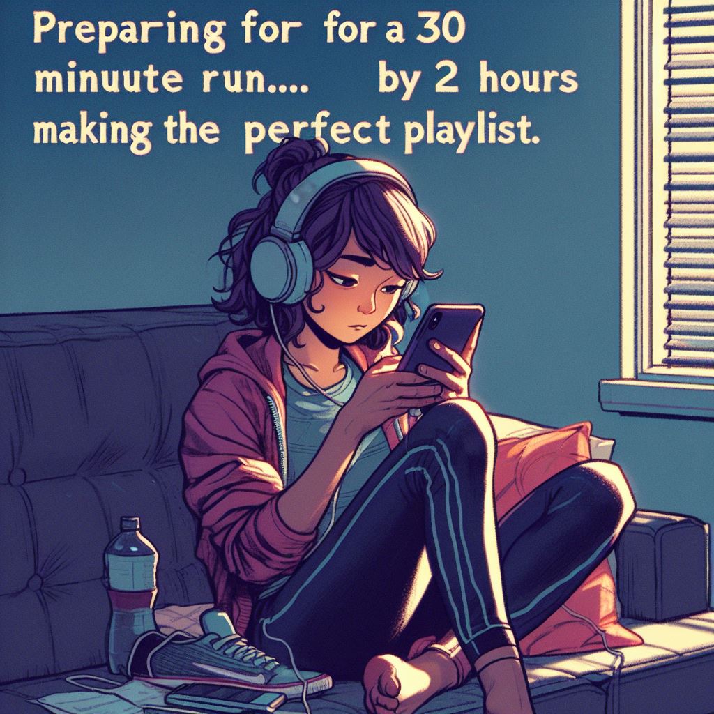 A person sitting, headphones on, intensely scrolling through their phone. Caption: "Preparing for a 30-minute run... by spending 2 hours making the perfect playlist."