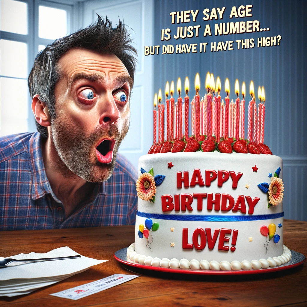 An image of a man looking shocked or surprised at a birthday cake with an exaggerated number of candles, symbolizing a high age. His expression is one of humorous disbelief. The cake is large and festive, dominating the scene. A caption at the bottom reads, "They say age is just a number... but did it have to be this high? Happy Birthday, love!" The image should be comical and endearing, capturing the light-hearted nature of a birthday celebration.
