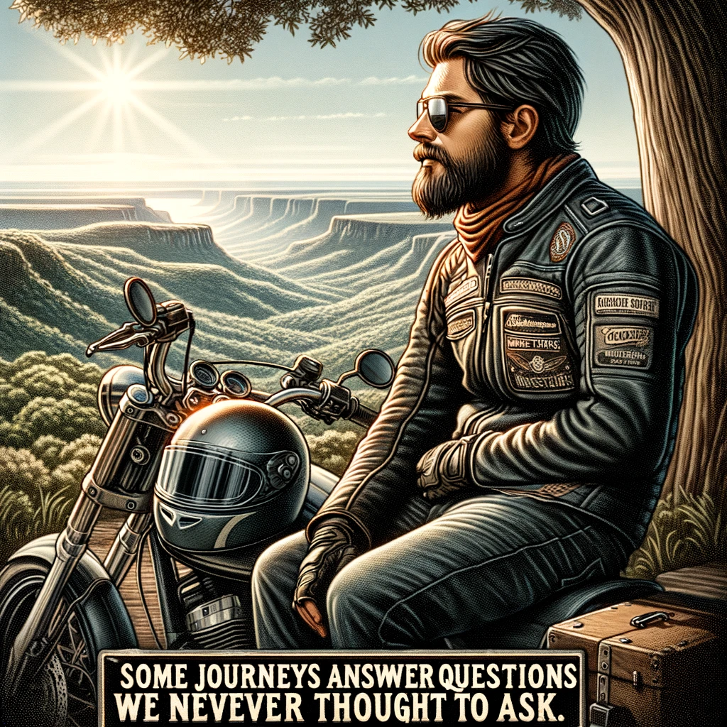 The Road Philosopher: A biker looking thoughtfully into the distance at a scenic overlook. The biker is in full gear, with the helmet off, resting on the bike. The backdrop shows a beautiful landscape. A caption at the bottom says, "Some journeys answer questions we never thought to ask."