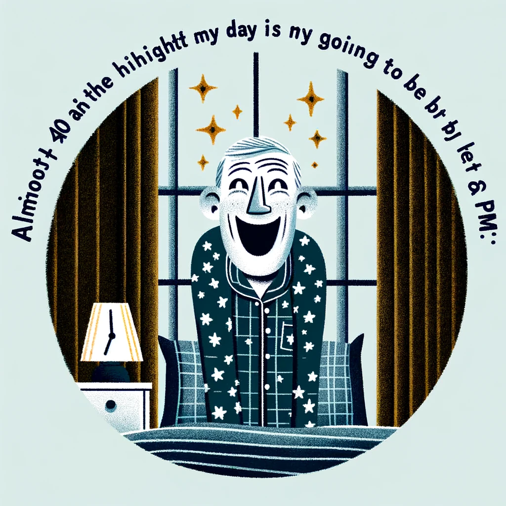 An image of an almost 40-year-old person looking overly excited about going to bed early. The person is wearing cozy pajamas, jumping into a plush bed with a big smile. There are stars in their eyes, signifying excitement. The room should look cozy and inviting, with a nightstand clock showing 9 PM. Caption at the bottom: "Almost 40 and the highlight of my day is going to bed by 9 PM."