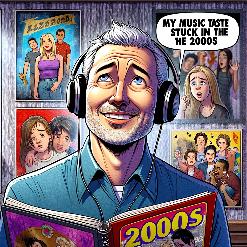 An image of an almost 40-year-old person listening to music from the 2000s with a nostalgic and happy expression. The person is wearing headphones and surrounded by posters or album covers of popular 2000s music bands. In the background, a teenager shows a confused expression while listening to contemporary music. Caption at the bottom: "My music taste stuck in the 2000s – the almost 40 syndrome."
