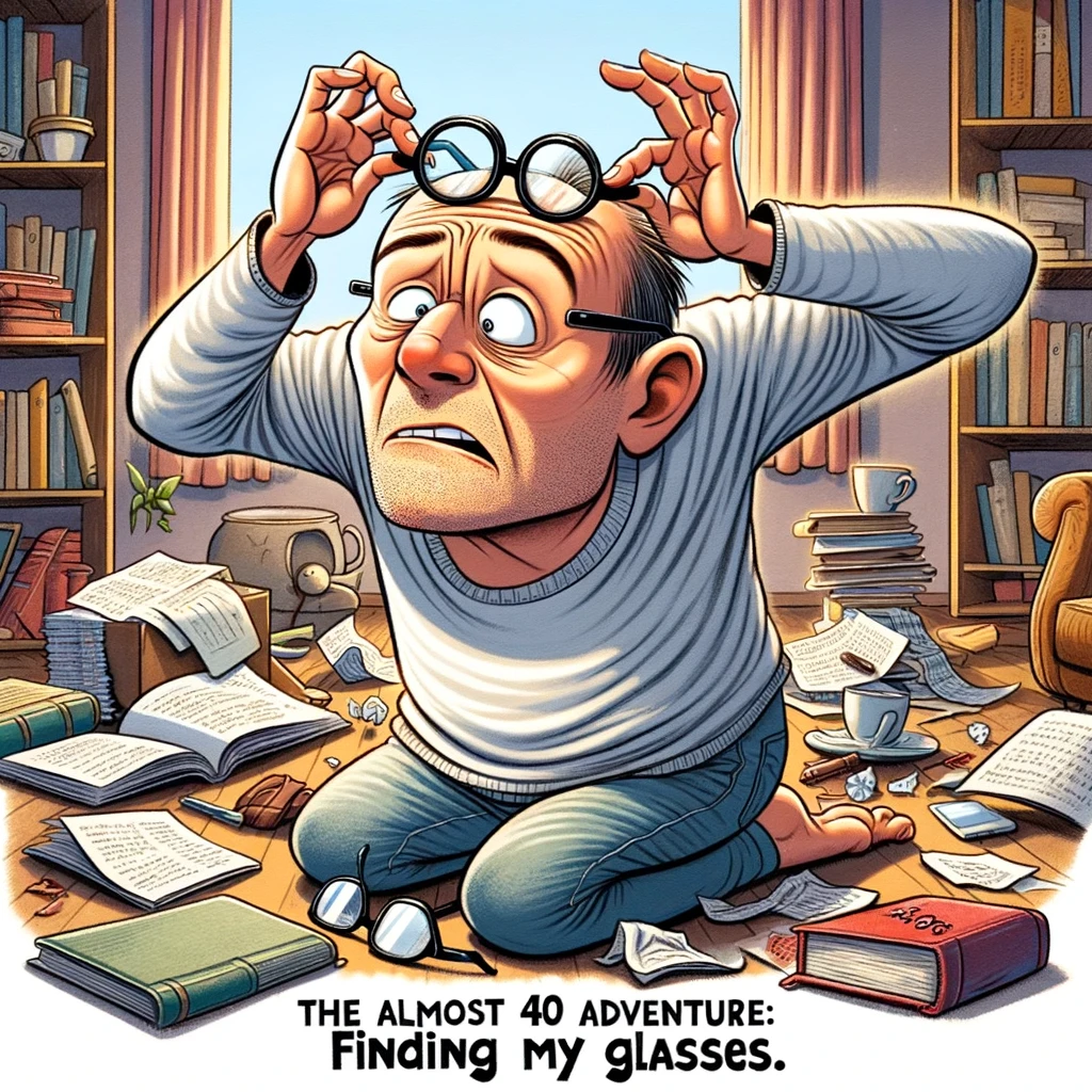 A humorous image of an almost 40-year-old person searching for their glasses. They look confused and are patting their pockets, checking under books, and looking around the room. The glasses are comically perched on top of their head. The room should have a disorganized, lived-in look, with various objects like books, coffee cups, and papers scattered around. Caption at the bottom: "The almost 40 adventure: Finding my glasses."