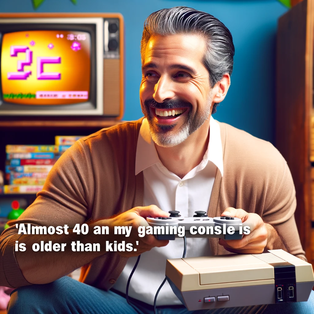 A person around 40 years old joyfully playing retro video games in a nostalgic environment. The gaming console is visibly old-fashioned. The person appears content and nostalgic. Caption: 'Almost 40 and my gaming console is older than my kids.'