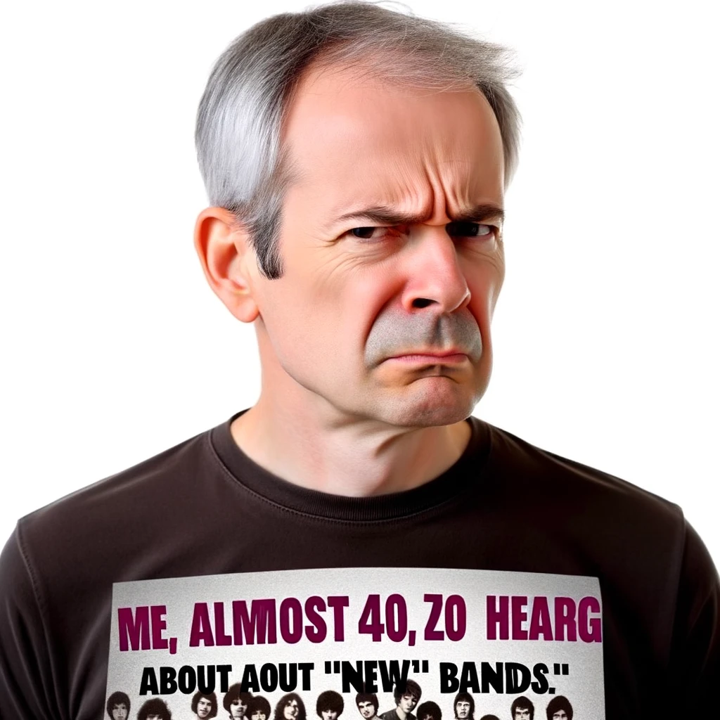 An almost 40-year-old person with a skeptical expression, possibly wearing a classic band t-shirt from their youth, looking reluctant to accept new music trends. Caption: 'Me, almost 40, hearing about 'new' bands.'