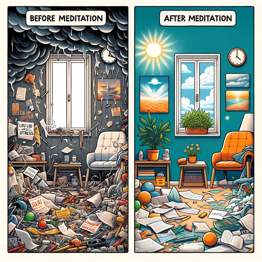 Before and After Meditation Meme: Two-panel image. Panel 1: A chaotic, cluttered room symbolizing a person's mind before meditation. Features include a loud ticking clock, a pile of papers labeled 'stress', a stormy weather painting, and general disarray. Panel 2: The same room after meditation, now organized and peaceful. Key elements include a sunbeam coming through the window, a thriving plant in the corner, and an overall sense of calm and tidiness.