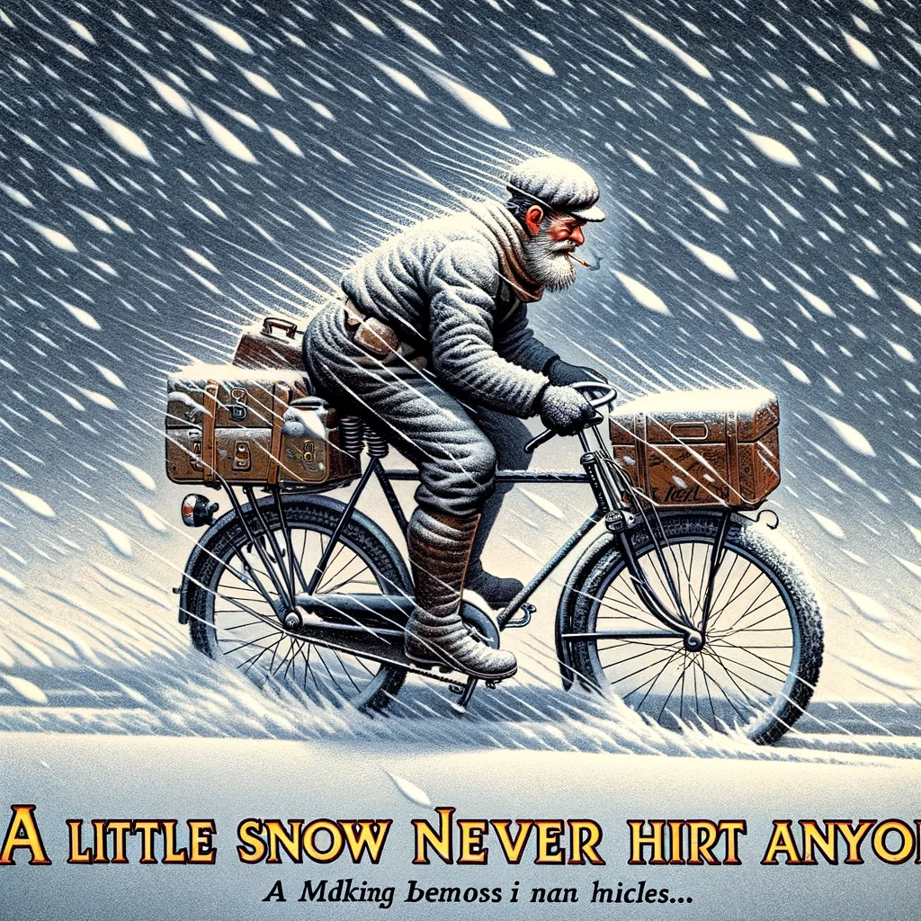 The Weather Denier: A biker in a snowstorm, still on their bike, with the caption, "A little snow never hurt anyone."