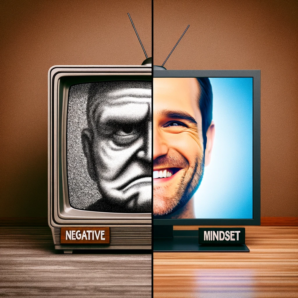 Upgrading Your Mindset Meme: A split image. Left side: An old, bulky TV labeled 'Negative Mindset' with a small, grainy screen showing a frowning face. Right side: A modern, sleek flat-screen TV labeled 'Positive Mindset', displaying a clear, colorful image of a smiling face. The contrast highlights the transformation from a negative to a positive mindset.
