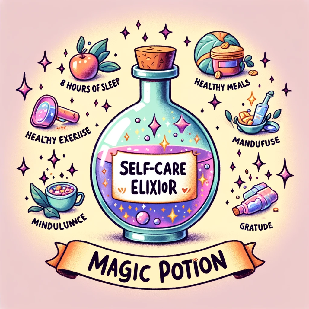 Self-Care Magic Potion Meme: An image featuring a whimsical, sparkling potion bottle labeled 'Self-Care Elixir.' Surrounding the bottle are ingredients floating around it, including '8 hours of sleep,' 'healthy meals,' 'daily exercise,' 'mindfulness,' and 'gratitude.' The image embodies the magical and transformative effects of self-care practices.