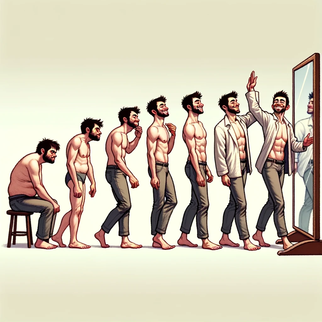 The Evolution of Self-Love Meme: A series of evolution-style illustrations. The sequence shows a progression from a person hunched over and frowning at themselves in a mirror, gradually transforming. They stand up straighter and smile more in each successive image. The final image shows them confidently high-fiving their reflection in the mirror. This evolution symbolizes the journey of self-love and self-acceptance.