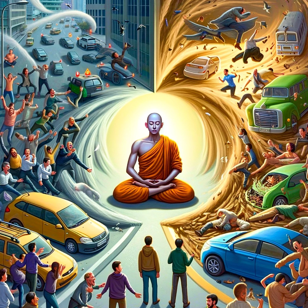 Inner Peace vs. External Chaos Meme: An image of a calm, serene monk meditating in the center. Surrounding him is a whirlwind of chaos, including honking cars, ringing phones, people arguing, and general urban mayhem. Yet, the monk remains undisturbed in his meditative state, highlighting the power of inner peace amidst external chaos.