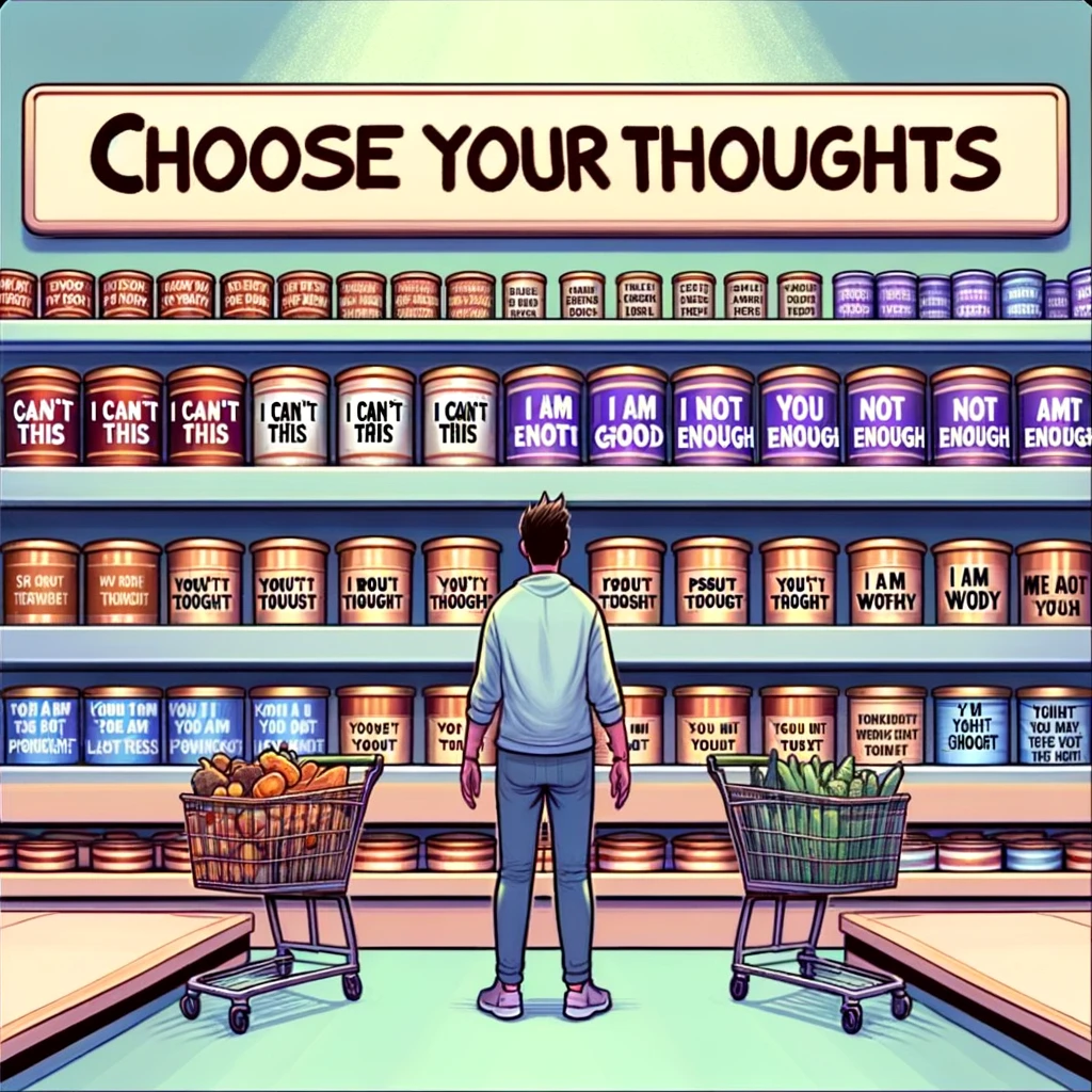 Choose Your Thoughts Supermarket Shelf Meme: An image of a supermarket shelf filled with cans and boxes, each labeled with different thoughts. On one side, negative thoughts like 'I can't do this,' 'I'm not good enough.' On the other side, a premium shelf with positive thoughts like 'I am capable,' 'I am worthy.' A shopper in the aisle is reaching out for the positive thoughts, symbolizing the choice we have in selecting our thoughts.