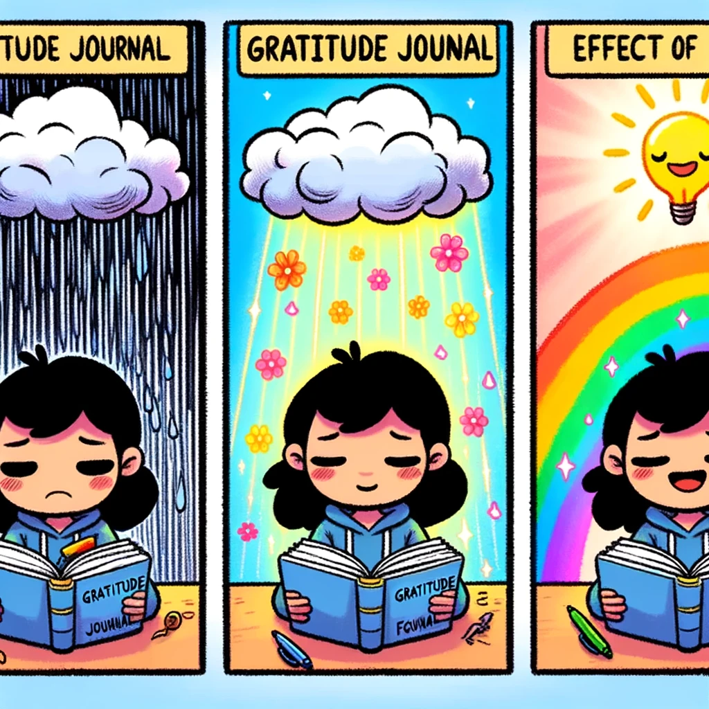 The Gratitude Journal Effect Meme: A three-panel comic strip. Panel 1: A person feeling overwhelmed and sad under a rain cloud. Panel 2: The same person writing in a 'Gratitude Journal.' Panel 3: The person now happy and content, with the rain cloud replaced by a bright, colorful rainbow. This sequence illustrates the transformative effect of maintaining a gratitude journal.