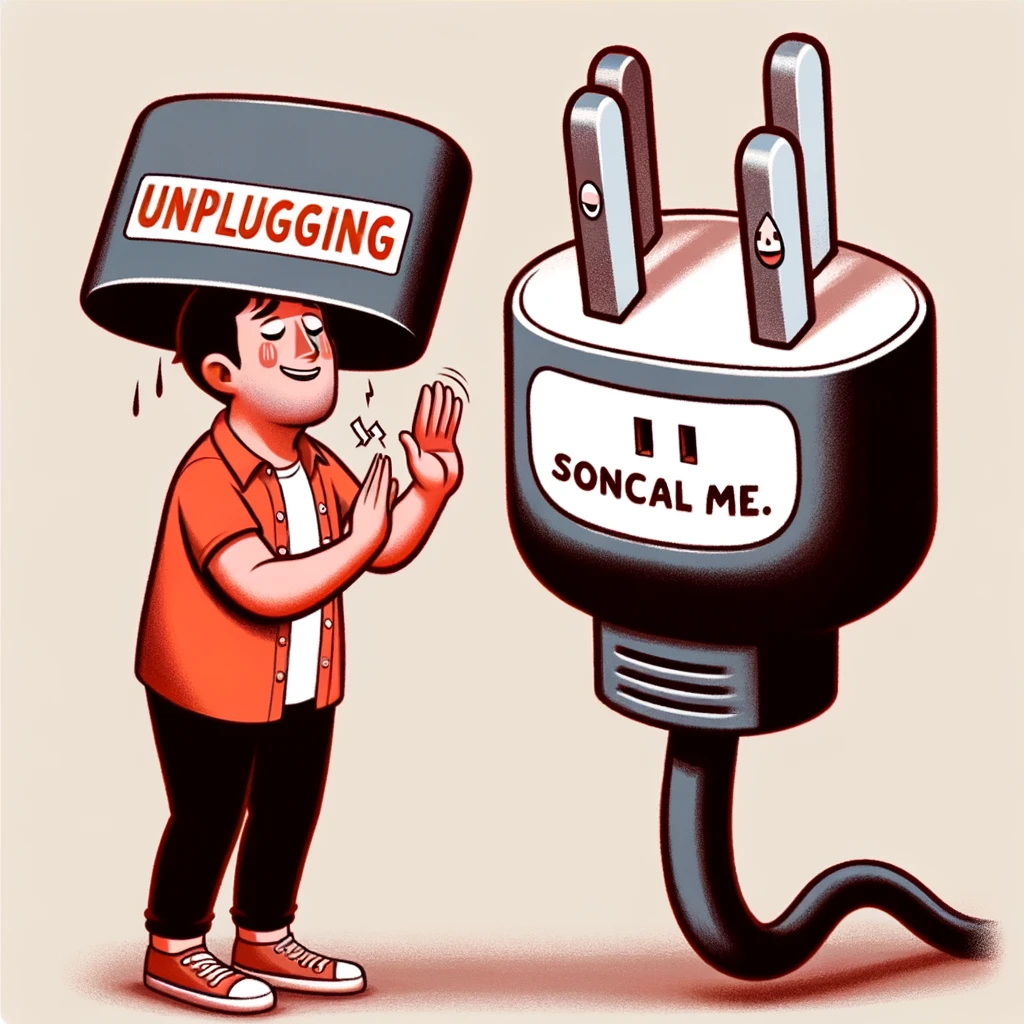 Unplugging for Mental Health Meme: A humorous image of a person literally unplugging an oversized, cartoonish plug labeled 'Social Media.' The person's expression changes from stressed to relaxed and happy as they unplug. This image symbolizes the positive impact of disconnecting from social media on mental health.