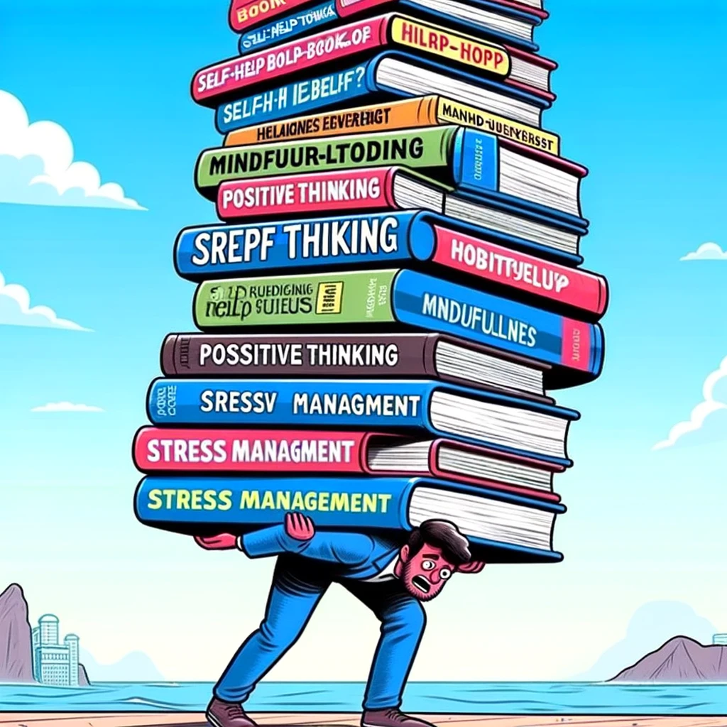 The Self-Help Book Tower Meme: A comical image of someone struggling to carry a teetering tower of books labeled with various self-help topics like 'Mindfulness,' 'Positive Thinking,' 'Stress Management.' The person's expression is one of determination and humor, suggesting both the challenge and the commitment to personal growth through self-help literature.