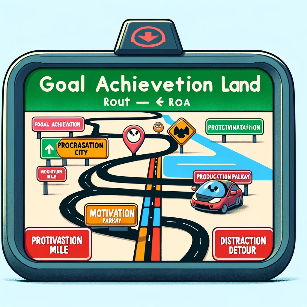 A humorous image showing a GPS screen with a route from "Procrastination City" to "Goal Achievement Land." The route includes road signs like "Motivation Mile," "Productivity Parkway," and "Distraction Detour." The GPS screen should have a colorful and cartoonish design, emphasizing the humorous and light-hearted nature of the journey towards achieving goals.