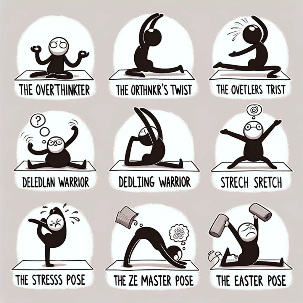 A series of stick figures in exaggerated, humorous yoga poses with names like "The Overthinker's Twist," "The Deadline Warrior Stretch," and "The Zen Master Pose." Each figure should be in a unique and comical pose, visually representing the stress scenarios through yoga. The background should be simple and light, focusing attention on the humorous yoga poses and their funny names.