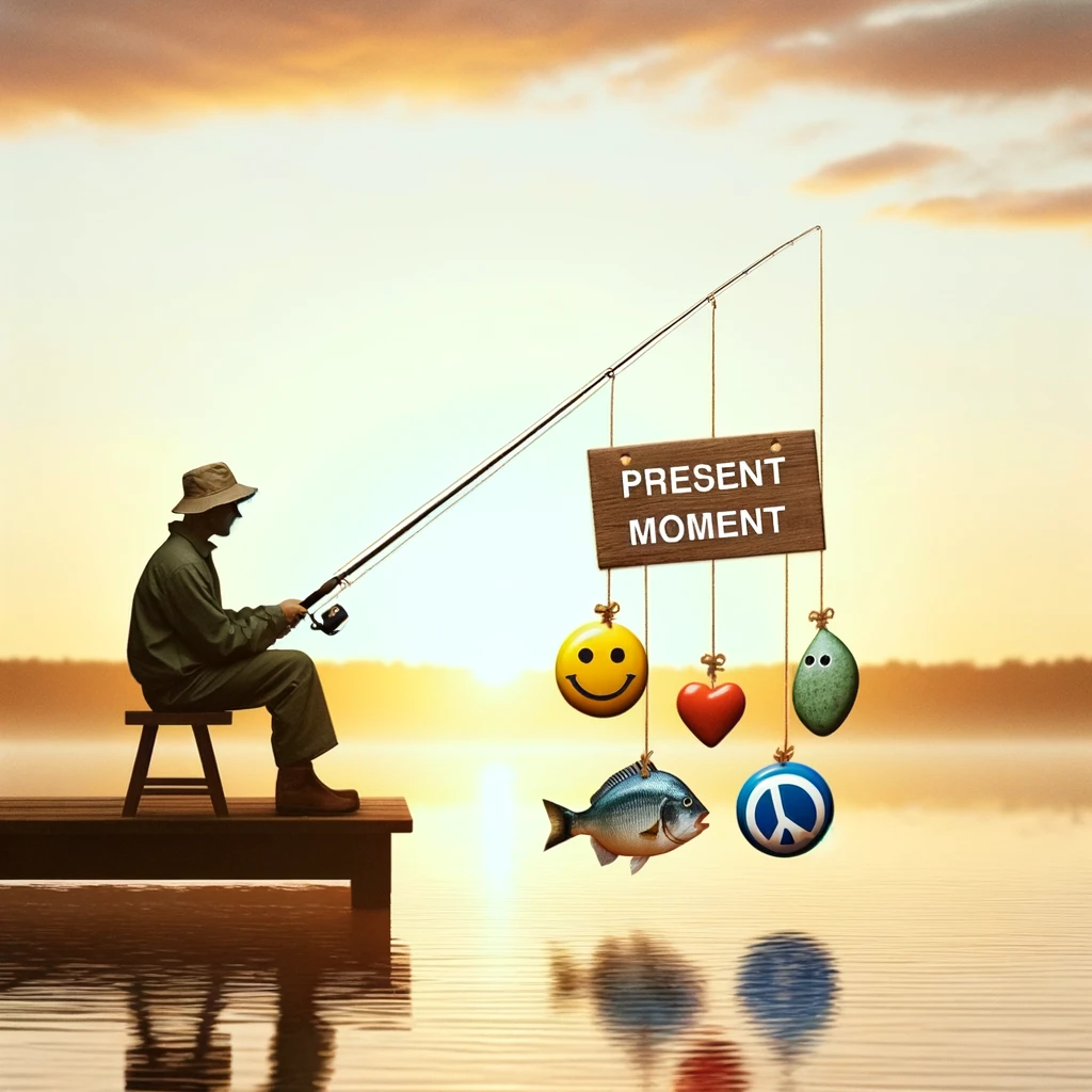 A serene image of a person fishing at a lake, but instead of catching fish, they are catching symbols of mindfulness such as a peace sign, a smiley face, and a heart. The bait on the hook is labeled "Present Moment." This scene should convey tranquility and the concept of mindfulness in a humorous and light-hearted way, blending the peaceful activity of fishing with the metaphor of catching positive, mindful thoughts.
