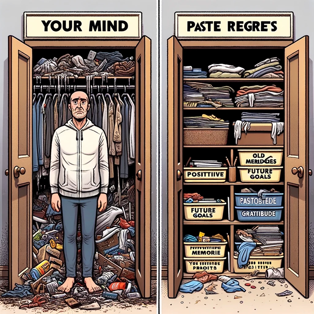 A split image showing on the left a cluttered, messy closet labeled "Your Mind" with items like "Old Grudges" and "Past Regrets" spilling out. On the right, the same closet is neatly organized and labeled with "Positive Memories," "Future Goals," and "Gratitude." The image should humorously contrast the chaotic and orderly states of the mind, using the metaphor of a closet to represent mental decluttering and organization.