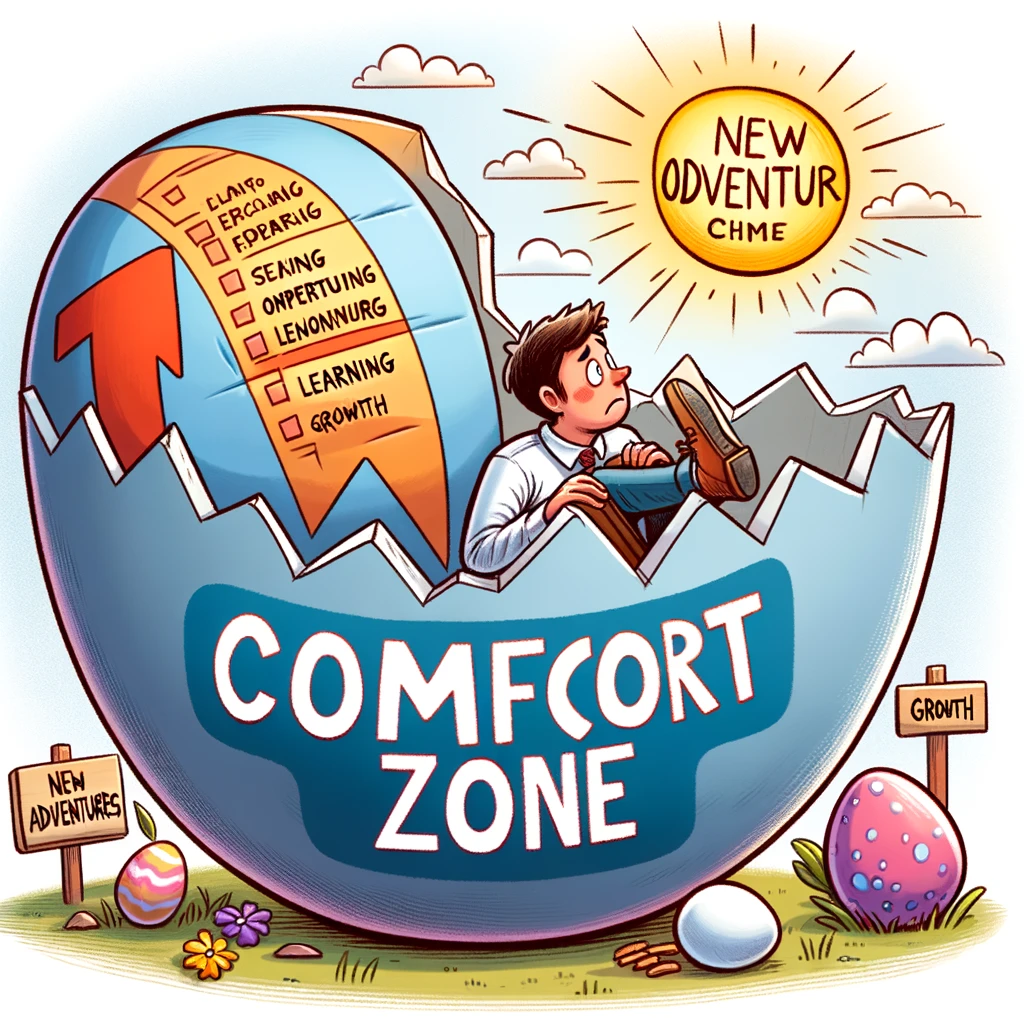 A humorous depiction of a person sitting inside a giant egg labeled "Comfort Zone." They are peeking out with a look of curiosity, while outside the egg are exciting opportunities like "New Adventures," "Learning," and "Growth." The image should be colorful and playful, emphasizing the idea of stepping out of one's comfort zone to explore new possibilities and experiences. The person's expression should be a mix of apprehension and excitement, capturing the essence of the concept.